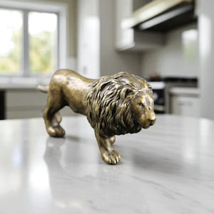 Antique Bronze Lion Statue: Solid Brass Miniature Desk Decor