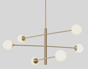 Modern Globe Chandelier, Mid Century Brass Pendant Light, Scandinavian Ceiling Fixture, Minimalist Orb Lighting Lamp
