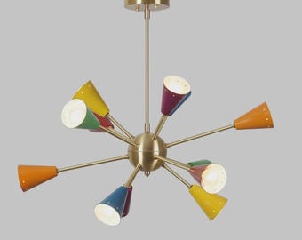 Colorful Sputnik Chandelier, Mid Century Modern Ceiling Light, Atomic Brass Pendant Lamp, Retro Modern Lighting Fixture