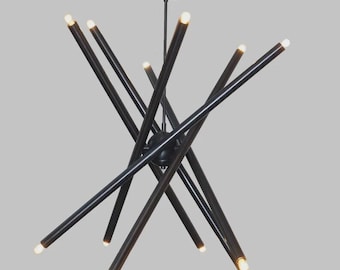 Modern Black Sputnik Chandelier, Minimalist Mid Century Ceiling Light, Contemporary Linear Pendant Lamp, Industrial Modern Lighting