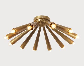 Modern Brass Flush Mount Chandelier, Mid Century Sputnik Ceiling Light, Gold Semi Flush Fixture, Contemporary Modern Lighting