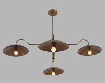 Modern Brass Chandelier, Mid Century Linear Pendant Light, Scandinavian Ceiling Fixture, Minimalist Dining Room Lighting