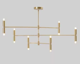 Modern Brass Linear Chandelier, Minimalist Mid Century Ceiling Light, Scandinavian Pendant Fixture, Contemporary Lighting Design