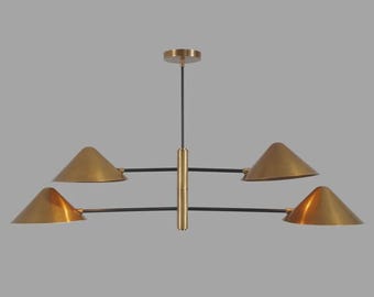 Modern Brass Chandelier, Mid Century Cone Pendant Light, Scandinavian Ceiling Fixture, Minimalist Designer Lighting
