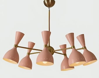 Mid Century Modern Pink Chandelier, Brass Multi Arm Pendant Light, Blush Cone Shade Fixture