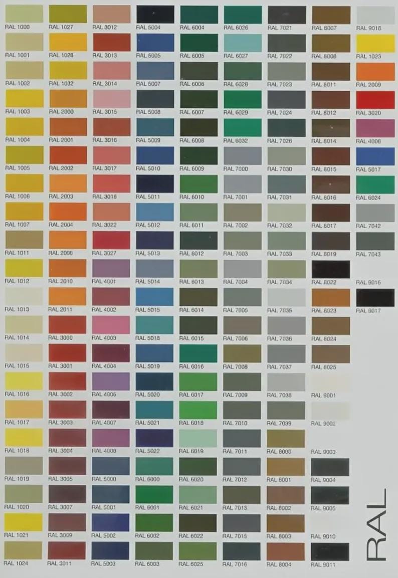May include: A comprehensive RAL color chart featuring a grid of numerous rectangular color swatches, each labeled with its specific RAL code. The chart displays a wide spectrum of hues including yellows, oranges, reds, blues, greens, grays, and browns.
