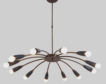 Mid Century Sputnik Chandelier, Modern Black Brass Ceiling Light, Atomic Starburst Pendant Lamp, Retro Modern Lighting