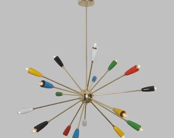 Colorful Sputnik Chandelier, Mid Century Modern Ceiling Light, Atomic Starburst Brass Pendant, Retro Modern Lighting Fixture
