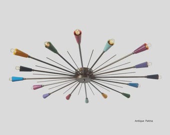 Colorful Sputnik Chandelier, Mid Century Modern Brass Ceiling Light Fixture