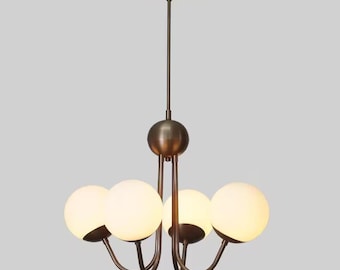 Modern Globe Chandelier, Mid Century Brass Ceiling Light, Scandinavian Pendant Fixture, Contemporary Orb Lighting Lamp