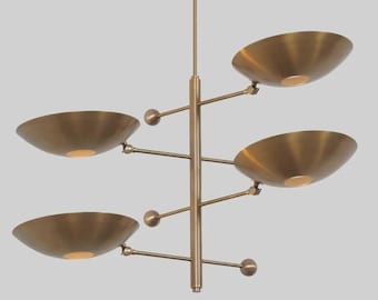 Modern Brass Chandelier, Mid Century Bowl Pendant Light, Scandinavian Ceiling Fixture, Minimalist Designer Lighting