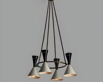 Mid Century Modern Chandelier, Black and White Pendant Light, Scandinavian Ceiling Fixture, Retro Designer Lighting