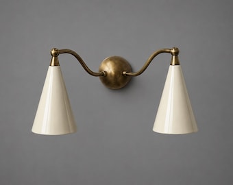 Mid Century Double Cone Wall Sconce, Modern Brass Wall Lamp, Cream Wall Light, Retro Lighting Fixture Decor
