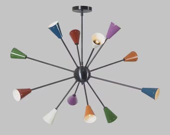 Colorful Sputnik Chandelier, Mid Century Modern Ceiling Light, Atomic Starburst Pendant Lamp, Retro Modern Lighting