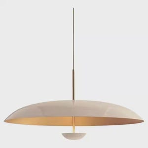 Mid Century Modern Brass Disc Pendant Light, Minimalist UFO Ceiling Lamp, Gold Hanging Fixture with Glass Diffuser, Contemporary Lighting