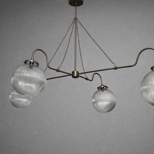 Mid Century Modern Linear Brass Chandelier, Ribbed Glass Globe Pendant Light, Scandinavian Suspension Ceiling Fixture, Dining Table Lighting