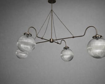 Linear Brass Chandelier, Ribbed Glass Globe Pendant Light, Scandinavian Mid-Century Fixture