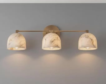 3-Light Alabaster Vanity Light – Brushed Brass Bathroom Wall Sconce, Natural Marble Lamp
