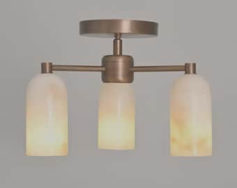 Modern Brass Flush Mount Light, Mid Century Marble Glass Ceiling Fixture, Scandinavian Minimalist Lighting, Contemporary Lamp