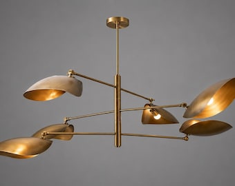 Solid Brass Sculptural Chandelier, Mid Century Leaf Design Pendant Light