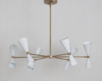 Mid Century Modern Chandelier, White Brass Ceiling Light, Italian Style Pendant Lamp, Scandinavian Modern Lighting