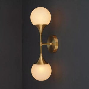 Mid Century Brass Double Globe Wall Sconce, Opal Glass Wall Lamp, Modern Scandinavian Lighting, Minimalist Vertical Wall Light Fixture