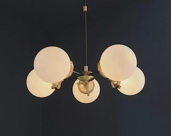 Modern Globe Chandelier, Mid Century Brass Ceiling Light, Glass Orb Pendant Fixture, Contemporary Scandinavian Lighting