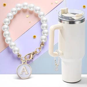 Dije de letra personalizado con cadena de perlas para asa de vaso, etiqueta con inicial, accesorio decorativo para botella de agua (2025)