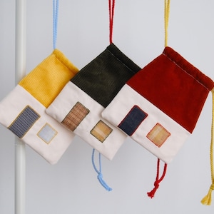 Handmade House-Shaped Drawstring Pouch: Corduroy Roof, Cotton Walls