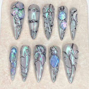 Holographic Chrome Nail Set with 3D Opal Gems – Silver Metallic Press On Nails – Futuristic Iridescent Nail Art Box.
