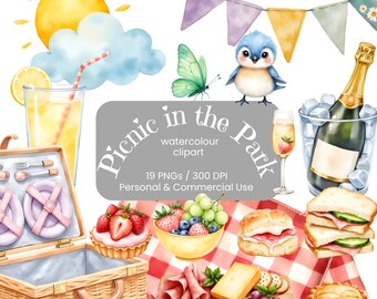 Picnic Clipart Bundle | Watercolour Picnic Illustrations PNG | Garden Party Food Clip Art | Summer Season Digital Download | Commercial Use