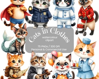 Cats in Costumes Clipart Bundle | 75 PNGs | Funny Cat Clip Art Dressed as Professions & Characters | Commercial Use | Digital Gerbera