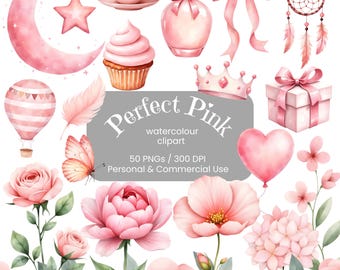 50 Pink Watercolour Clipart | Roses, Ribbons, Balloons, Bows, Cupcake, Crown | Blush Pink Floral Clipart | Commercial Use