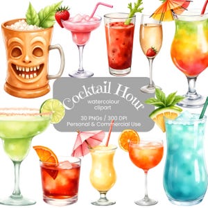 Paquete de 30 imágenes prediseñadas de cócteles en formato PNG / Bebidas de verano en acuarela / Ilustraciones de bebidas tropicales / Elementos para invitaciones de fiesta DIY / Uso comercial
