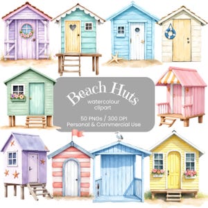 Paquete de imágenes prediseñadas de cabañas de playa / Acuarela costera PNG / Casas de playa de verano pastel / Imágenes prediseñadas costeras / Uso comercial