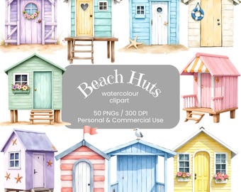 Beach Hut Clipart Bundle | Coastal Watercolour PNG | Pastel Summer Beach Houses | Seaside Clipart | Commercial Use