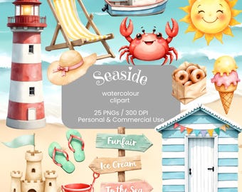 Seaside Clipart PNG Bundle | Beach Watercolour Art | Beach Hut Clipart | Summer Pastel Illustrations | DIY Nursery Art | Commercial Use