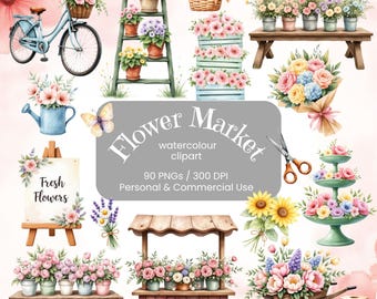 Flower Market Stand Clipart Bundle | Floral Watercolour Art | Flower Shop | Flower Cart | Farmers Market graphics | Florist | Commercial Use
