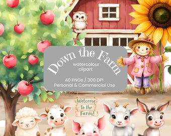 Farm Animal Clipart PNG | Farmyard Watercolour Graphics | Barnyard Baby Animals | Clipart for babies | Farm Theme Party | Digital Gerbera