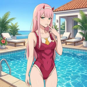May include: Anime-style illustration of a character in a red swimsuit with a yellow accent, standing by a pool. The character has pink hair, red horns, and green eyes. The background includes a pool, lounge chairs, and a house.