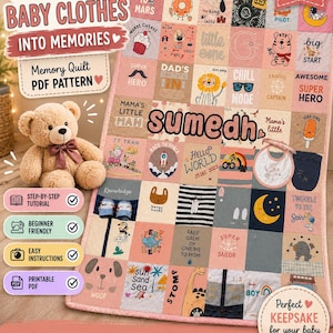 Pode incluir: Um edredom de bebê rosa e branco com vários quadrados com ilustrações de desenhos animados e texto. O edredom inclui um ursinho de pelúcia, um babador e o nome "sumedh". O design é para um edredom de memória, com instruções e um padrão PDF.