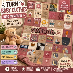 Pode incluir: Um edredom de memória com um design de patchwork, apresentando vários quadrados temáticos com ilustrações e texto. O edredom é em tons de vermelho, bege e castanho. Um ursinho de pelúcia está sentado ao lado. O texto inclui "Baby Clothes Into Memories".