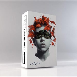 May include: A white box featuring the text "PRESET ELECTRIC TOUCH" and a graphic of a face adorned with red leaves and a dark mask. The design is minimalist with a wavy line.
