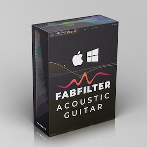 Könnte beinhalten: Eine schwarze Box mit der Software FabFilter Acoustic Guitar. Die Box hat die Apple- und Windows-Logos und den Text "FABFILTER ACOUSTIC GUITAR" in Weiß. Die Box hat ein farbenfrohes Design an der Seite.