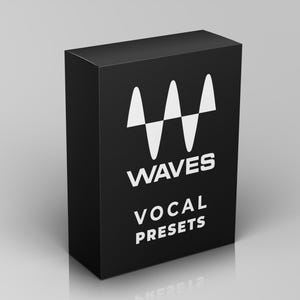May include: A black box featuring the white text "WAVES VOCAL PRESETS" and a white logo. The logo is a stylized "W" shape. The box is rectangular and stands upright against a light grey background.