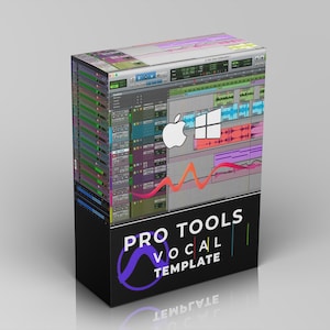 May include: A rectangular box featuring a digital audio workstation interface design. The box has the Apple logo and Windows logo. The text "PRO TOOLS VOCAL TEMPLATE" is displayed on the front. The box is black with a purple and blue logo.