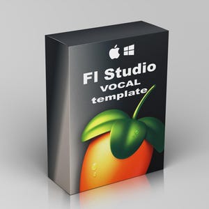 May include: A black box with the text "FI Studio VOCAL template" and Apple and Windows logos. The box features a stylized orange fruit with green leaves.
