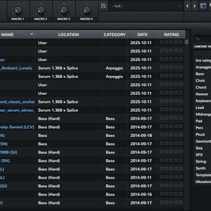 Op de afbeelding: Een donkere interface van de Serum-software, met een lijst met presetnamen, locaties, categorie&euml;n, datums en beoordelingen. De interface bevat macro-bedieningselementen en contentfilters.