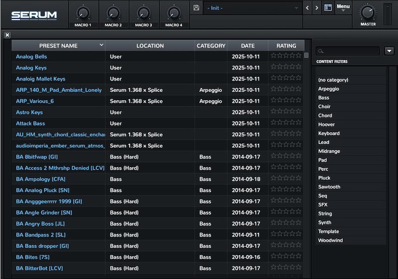 Op de afbeelding: Een donkere interface van de Serum-software, met een lijst met presetnamen, locaties, categorie&euml;n, datums en beoordelingen. De interface bevat macro-bedieningselementen en contentfilters.