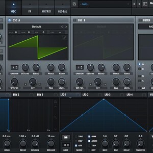 Op de afbeelding: Een interface van een Digital Audio Workstation (DAW) in donkergrijs. De interface heeft meerdere bedieningspanelen met knoppen, schuifregelaars en golfvormweergaven. Het woord "SERUM" staat bovenaan.